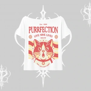 Live Nine Lives Kedi Tasarımlı Kayık Yaka Tshirt