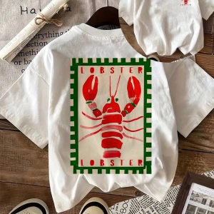 Lobster Graphic Yaz Dışarı Çıkma Tişörtü, Kadın Rahat Yuvarlak Yaka Kısa Kollu Tişört