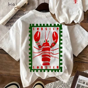 Lobster Graphic Yaz Dışarı Çıkma Tişörtü, Kadın Rahat Yuvarlak Yaka Kısa Kollu Tişört