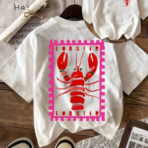 Lobster Graphic Yaz Dışarı Çıkma Tişörtü, Kadın Rahat Yuvarlak Yaka Kısa Kollu Tişört