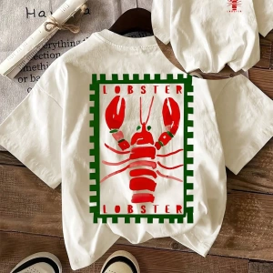 Lobster Graphic Yaz Dışarı Çıkma Tişörtü, Kadın Rahat Yuvarlak Yaka Kısa Kollu Tişört