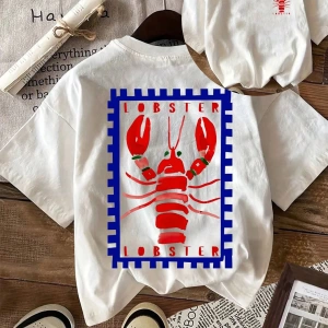 Lobster Graphic Yaz Dışarı Çıkma Tişörtü, Kadın Rahat Yuvarlak Yaka Kısa Kollu Tişört
