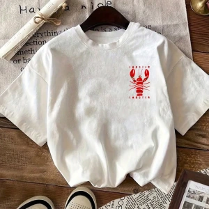 Lobster Graphic Yaz Dışarı Çıkma Tişörtü, Kadın Rahat Yuvarlak Yaka Kısa Kollu Tişört