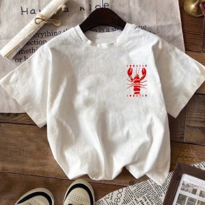 Lobster Graphic Yaz Dışarı Çıkma Tişörtü, Kadın Rahat Yuvarlak Yaka Kısa Kollu Tişört
