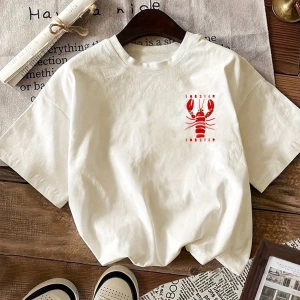 Lobster Graphic Yaz Dışarı Çıkma Tişörtü, Kadın Rahat Yuvarlak Yaka Kısa Kollu Tişört