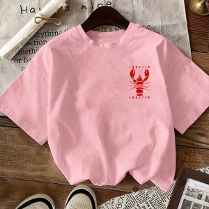 Lobster Graphic Yaz Dışarı Çıkma Tişörtü, Kadın Rahat Yuvarlak Yaka Kısa Kollu Tişört