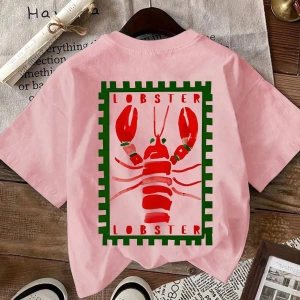 Lobster Graphic Yaz Dışarı Çıkma Tişörtü, Kadın Rahat Yuvarlak Yaka Kısa Kollu Tişört