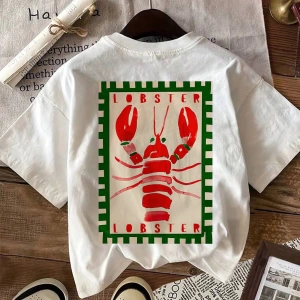 Lobster Graphic Yaz Dışarı Çıkma Tişörtü, Kadın Rahat Yuvarlak Yaka Kısa Kollu Tişört