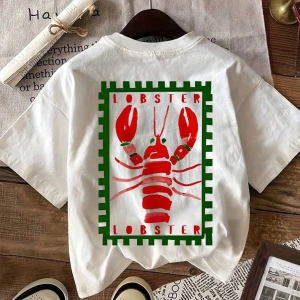 Lobster Graphic Yaz Dışarı Çıkma Tişörtü, Kadın Rahat Yuvarlak Yaka Kısa Kollu Tişört
