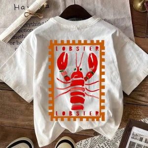 Lobster Graphic Yaz Dışarı Çıkma Tişörtü, Kadın Rahat Yuvarlak Yaka Kısa Kollu Tişört