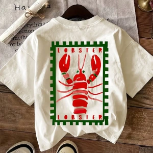Lobster Graphic Yaz Dışarı Çıkma Tişörtü, Kadın Rahat Yuvarlak Yaka Kısa Kollu Tişört