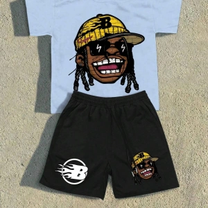 Lonblece 2li Erkek Karikatür Baskılı Kısa Kollu Tişört Şort Takımı