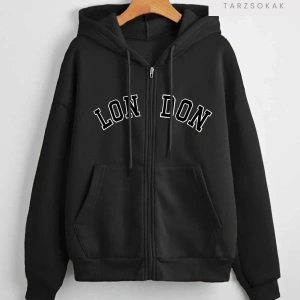 London Baskılı Örme Pamuk 2 iplik Siyah Fermuarlı Hırka