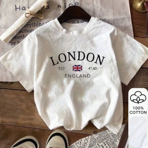 London Print Yazlık Bayan %100 Pamuklu Kısa Kollu, Günlük Kadın Giyim, Günlük Yazlık Giyim, Y