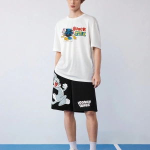 LOONEY TUNES X SHEIN Erkek Günlük Karikatür Tavşan Baskılı Elastik Bel Şort, Yaz