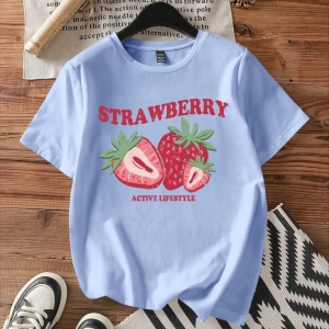 Loose Casual Strawberry English Logo Yuvarlak Yaka Kısa Kollu Tişört Kadınlar İçin,
