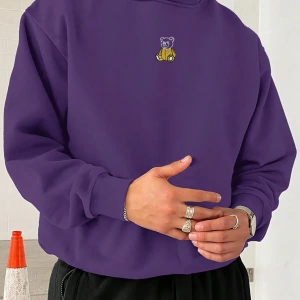 Loose Fit Erkek Ayı Nakışlı Düşük Omuz Termal Kapşonlu