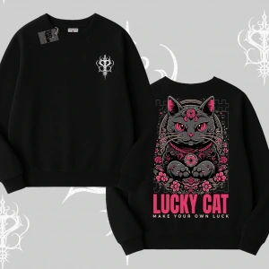 Lucky Cat Japon Tarzı Kedi Baskılı Biskilet Sweatshirt