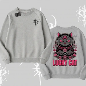 Lucky Cat Japon Tarzı Kedi Baskılı Biskilet Sweatshirt