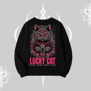 Lucky Cat Japon Tarzı Kedi Baskılı Biskilet Sweatshirt