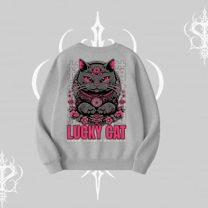 Lucky Cat Japon Tarzı Kedi Baskılı Biskilet Sweatshirt