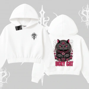 Lucky Cat Japon Tarzı Kedi Baskılı Kapşonlu Crop Sweatshirt
