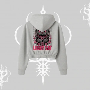 Lucky Cat Japon Tarzı Kedi Baskılı Kapşonlu Crop Sweatshirt