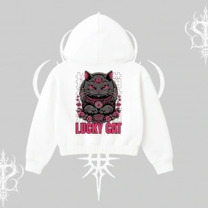 Lucky Cat Japon Tarzı Kedi Baskılı Kapşonlu Crop Sweatshirt