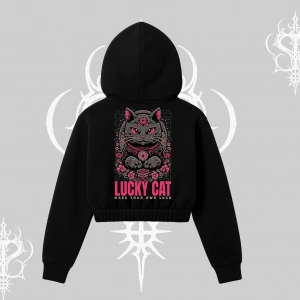 Lucky Cat Japon Tarzı Kedi Baskılı Kapşonlu Crop Sweatshirt