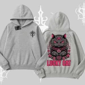 Lucky Cat Japon Tarzı Kedi Baskılı Kapşonlu Sweatshirt