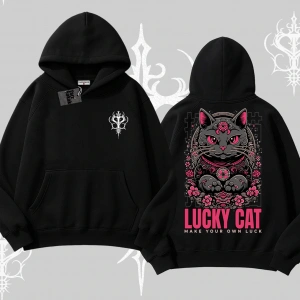 Lucky Cat Japon Tarzı Kedi Baskılı Kapşonlu Sweatshirt