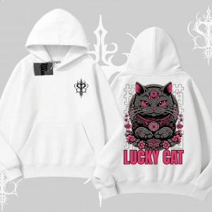 Lucky Cat Japon Tarzı Kedi Baskılı Kapşonlu Sweatshirt