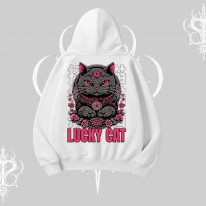 Lucky Cat Japon Tarzı Kedi Baskılı Kapşonlu Sweatshirt