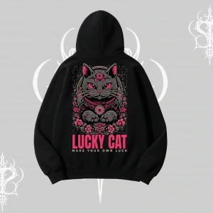 Lucky Cat Japon Tarzı Kedi Baskılı Kapşonlu Sweatshirt