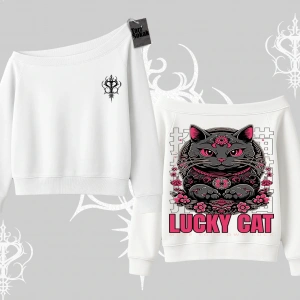 Lucky Cat Japon Tarzı Kedi Baskılı Kayık Yaka Sweatshirt