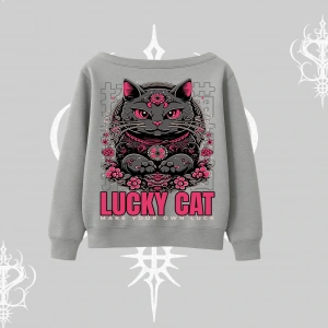Lucky Cat Japon Tarzı Kedi Baskılı Kayık Yaka Sweatshirt