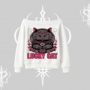 Lucky Cat Japon Tarzı Kedi Baskılı Kayık Yaka Sweatshirt