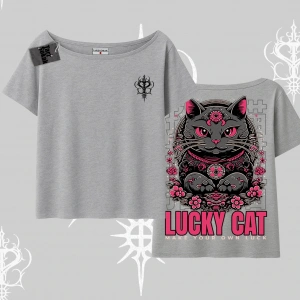 Lucky Cat Japon Tarzı Kedi Baskılı Kayık Yaka Tshirt