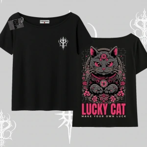Lucky Cat Japon Tarzı Kedi Baskılı Kayık Yaka Tshirt