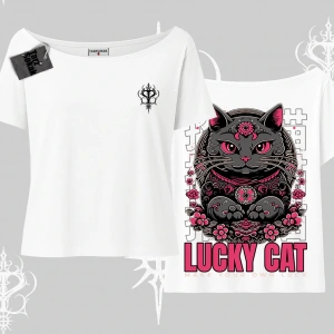 Lucky Cat Japon Tarzı Kedi Baskılı Kayık Yaka Tshirt