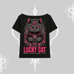 Lucky Cat Japon Tarzı Kedi Baskılı Kayık Yaka Tshirt