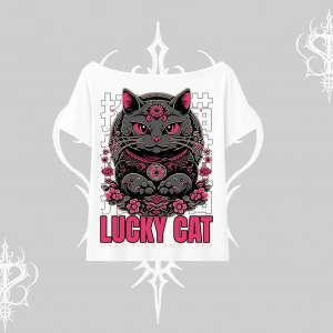 Lucky Cat Japon Tarzı Kedi Baskılı Kayık Yaka Tshirt