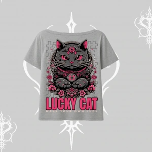 Lucky Cat Japon Tarzı Kedi Baskılı Kayık Yaka Tshirt