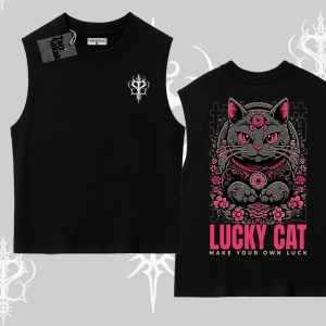 Lucky Cat Japon Tarzı Kedi Baskılı Kolsuz Tshirt