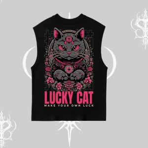 Lucky Cat Japon Tarzı Kedi Baskılı Kolsuz Tshirt