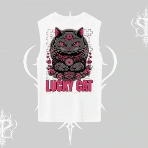Lucky Cat Japon Tarzı Kedi Baskılı Kolsuz Tshirt
