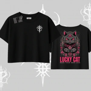 Lucky Cat Japon Tarzı Kedi Baskılı Oversize Crop Tshirt