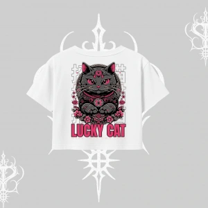 Lucky Cat Japon Tarzı Kedi Baskılı Oversize Crop Tshirt