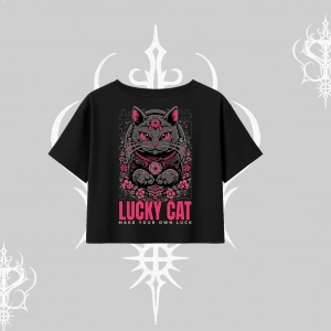 Lucky Cat Japon Tarzı Kedi Baskılı Oversize Crop Tshirt