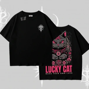 Lucky Cat Japon Tarzı Kedi Baskılı Oversize Tshirt